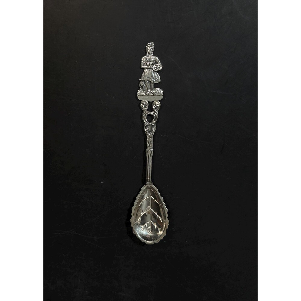 Antique 800 Silver Figural Spoon German REU Woman Dog Folk Scene 5.25”